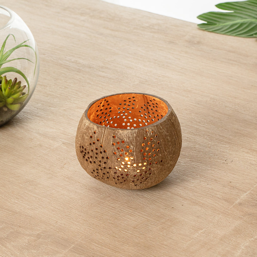 Coco Casa Brown Handmade Coconut Shell Candle Holder - Leaf Pattern - 4" x 4" x 3 1/4" - 1 count box