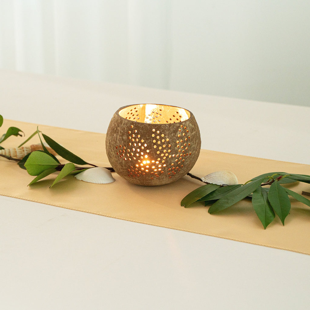 Coco Casa Brown Handmade Coconut Shell Candle Holder - Leaf Pattern - 4" x 4" x 3 1/4" - 1 count box