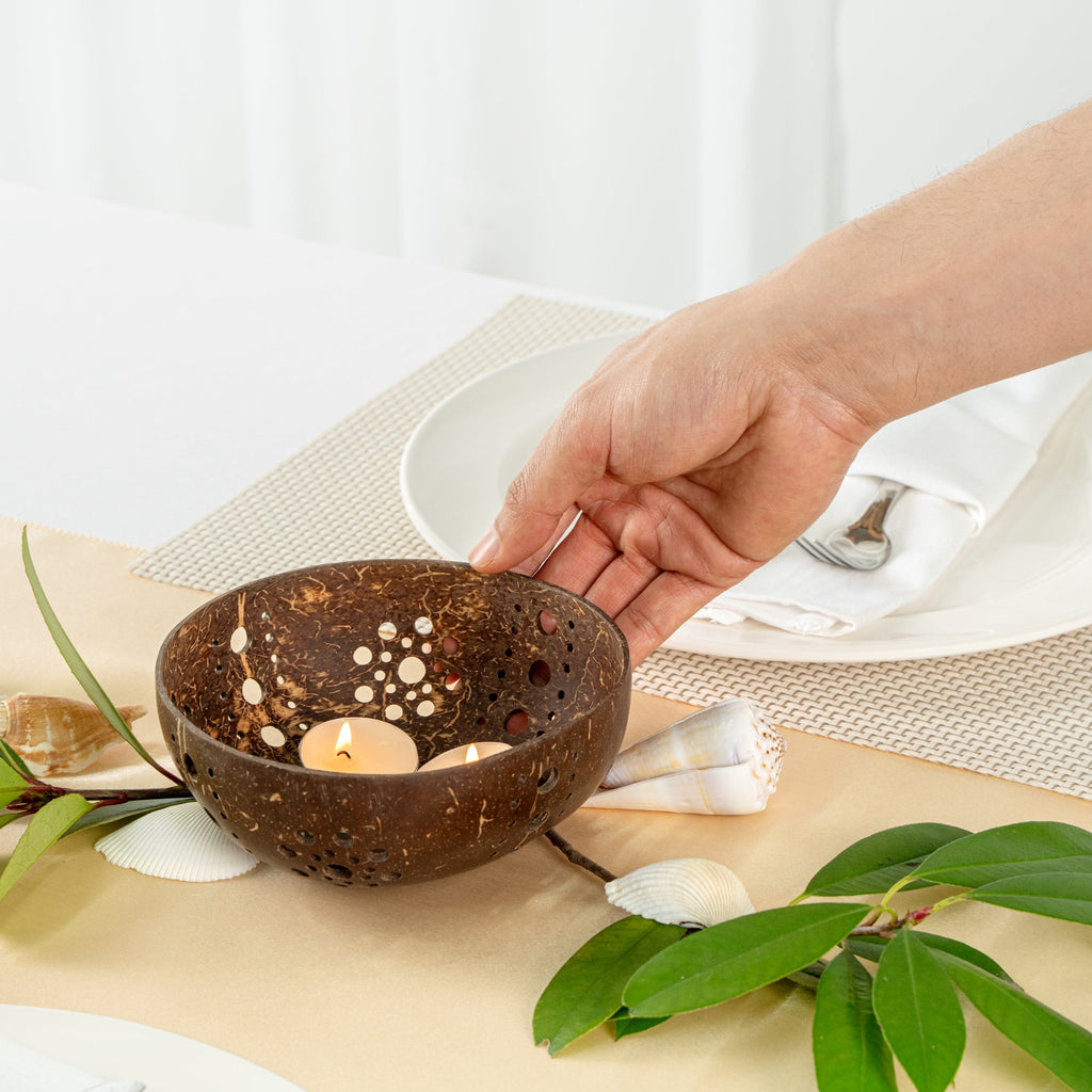 Coco Casa Brown Handmade Coconut Shell Candle Holder - Sun Pattern - 5" x 5" x 2" - 10 count box
