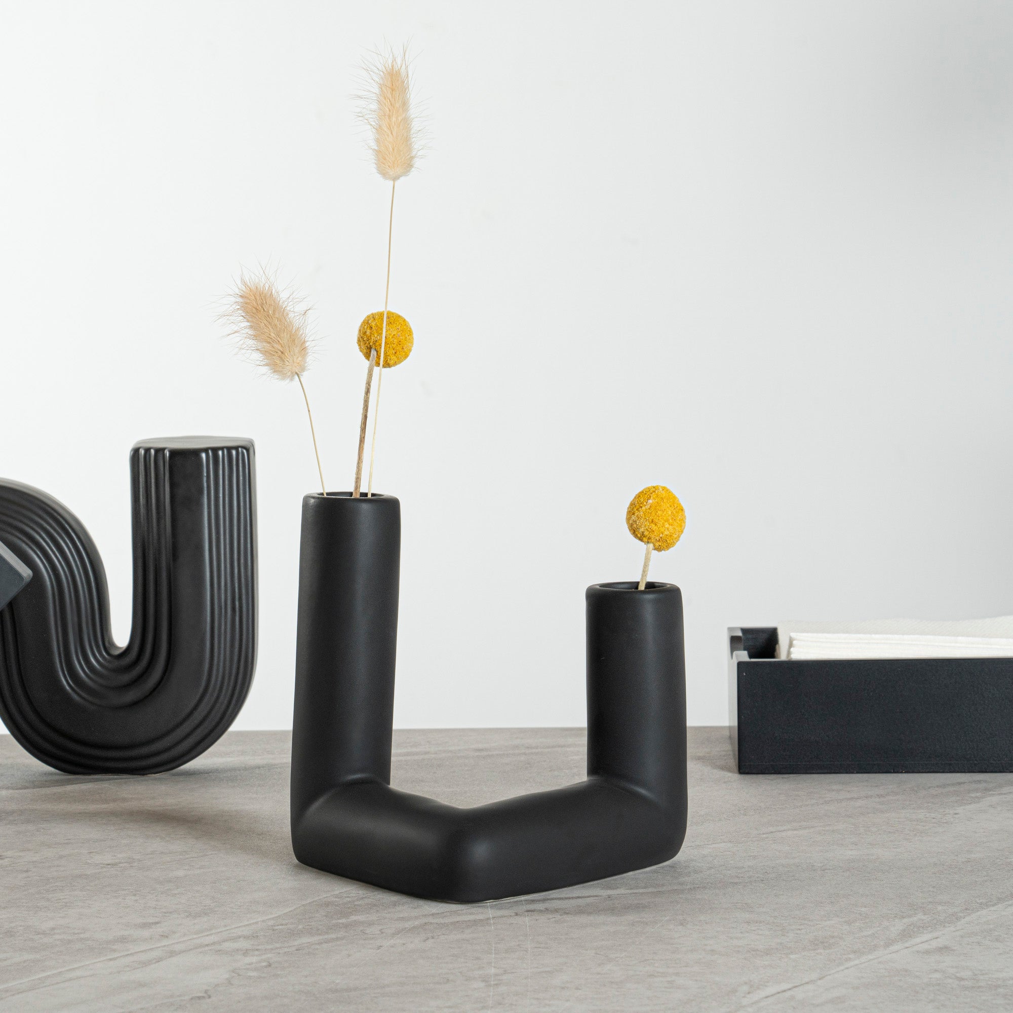 Table Art Rectangle Black Ceramic Abstract Vase - 6 1/4'' x 5'' x 6'' - 1 count box