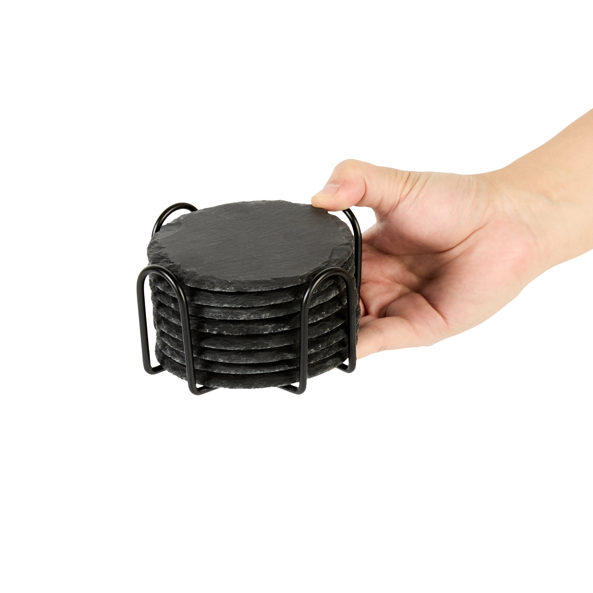 Stone Tek Round Black Slate Coaster - with Iron Holder - 4" x 4" - 1 count box