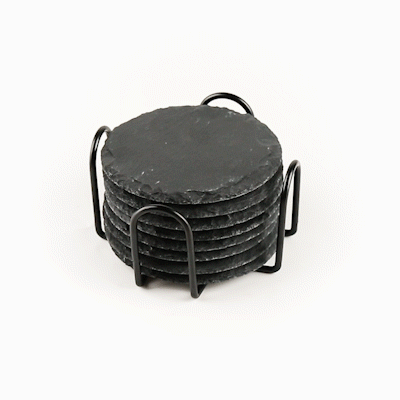 Stone Tek Round Black Slate Coaster - with Iron Holder - 4" x 4" - 1 count box