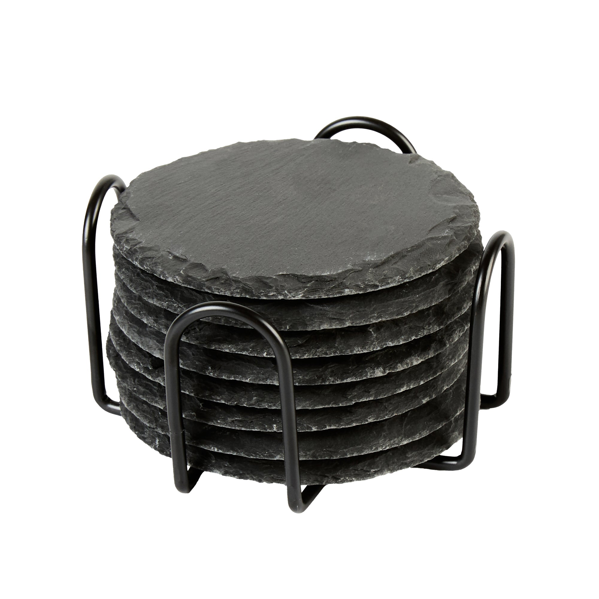 Stone Tek Round Black Slate Coaster - with Iron Holder - 4" x 4" - 1 count box