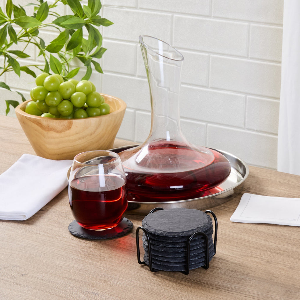 Stone Tek Round Black Slate Coaster - with Iron Holder - 4" x 4" - 1 count box