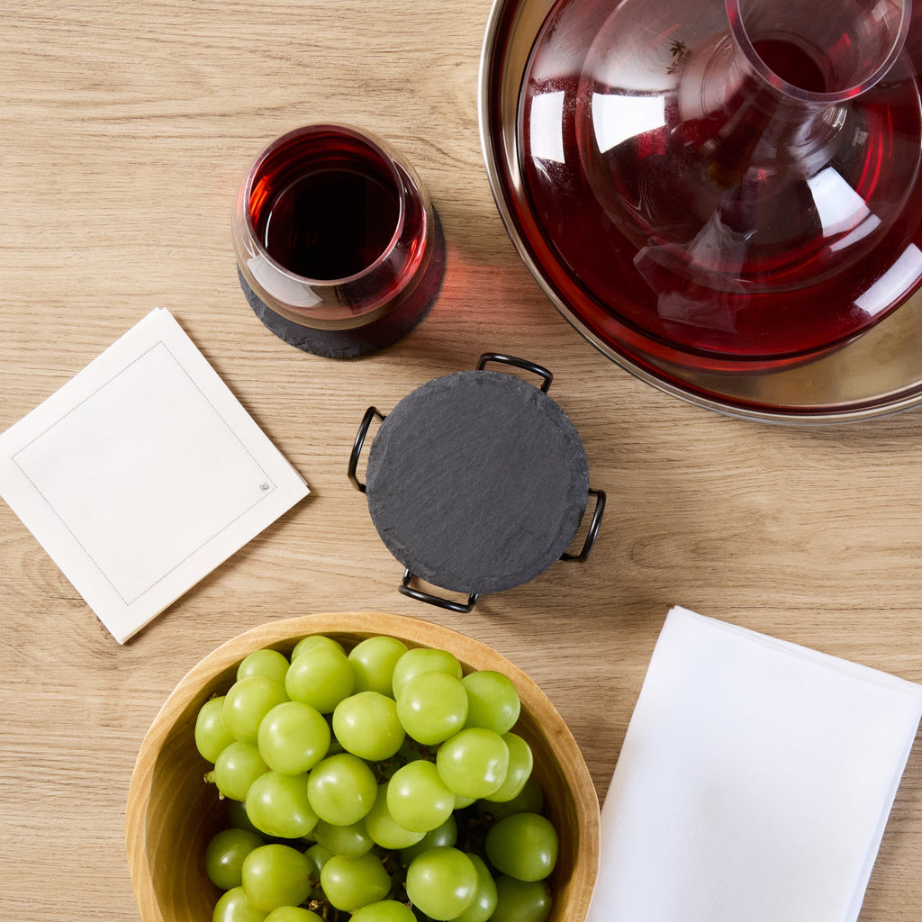 Stone Tek Round Black Slate Coaster - with Iron Holder - 4" x 4" - 1 count box