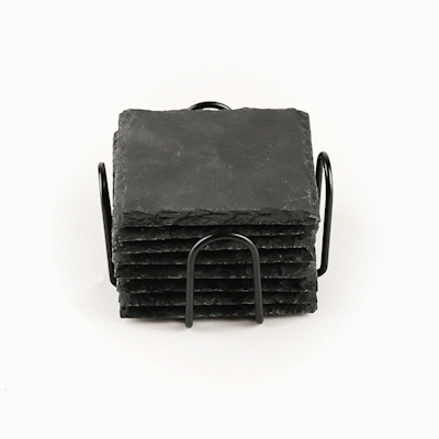 Stone Tek Square Black Slate Coaster - with Iron Holder - 4" x 4" - 1 count box