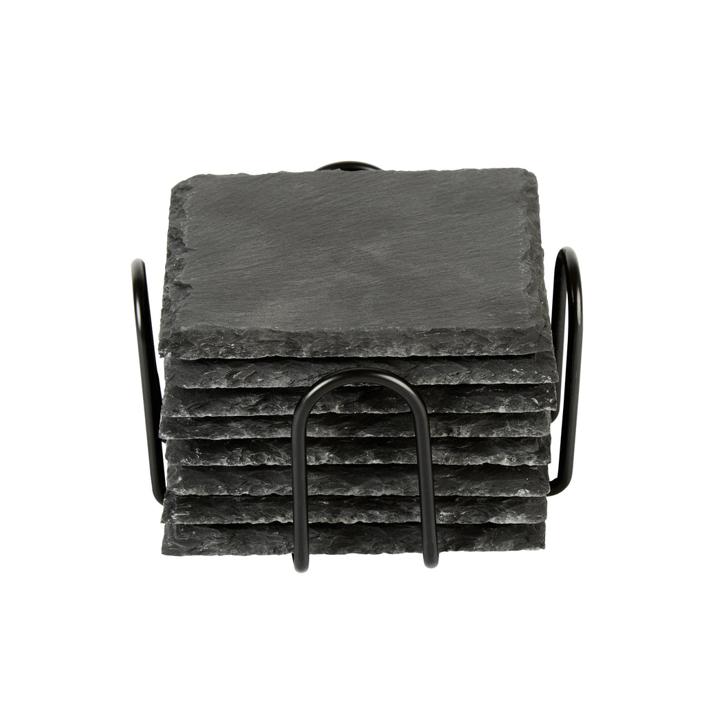 Stone Tek Square Black Slate Coaster - with Iron Holder - 4" x 4" - 1 count box