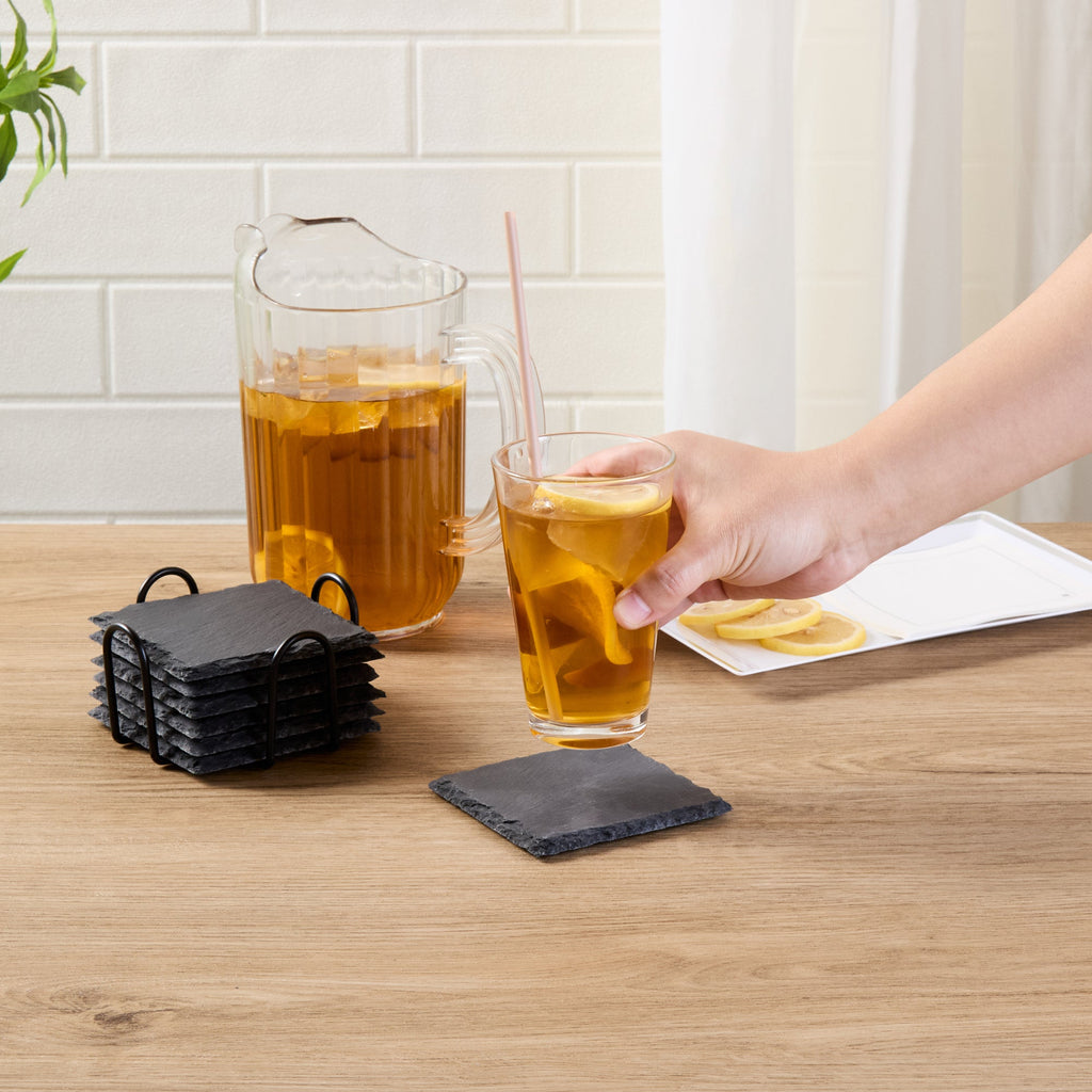 Stone Tek Square Black Slate Coaster - with Iron Holder - 4" x 4" - 1 count box