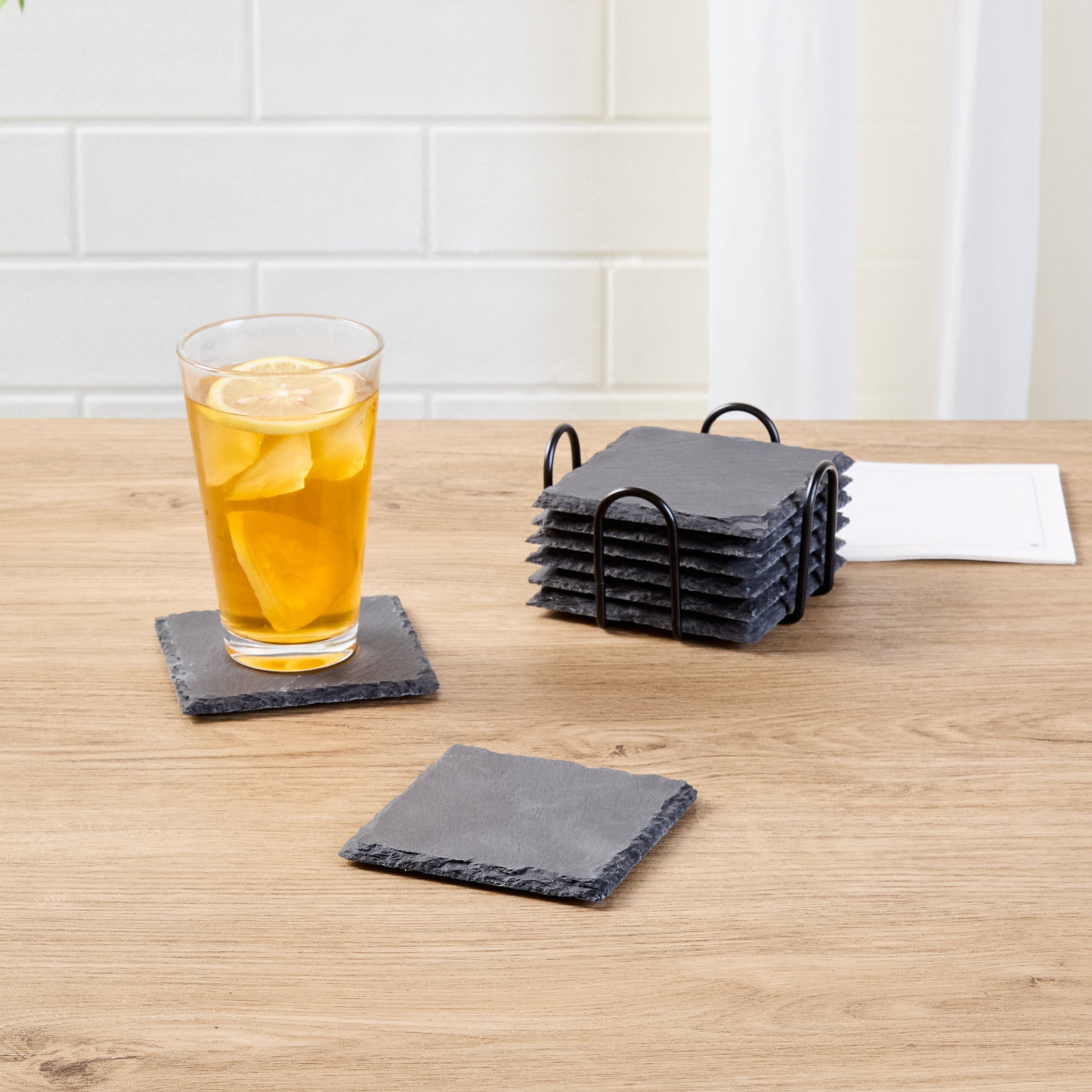Stone Tek Square Black Slate Coaster - with Iron Holder - 4" x 4" - 1 count box