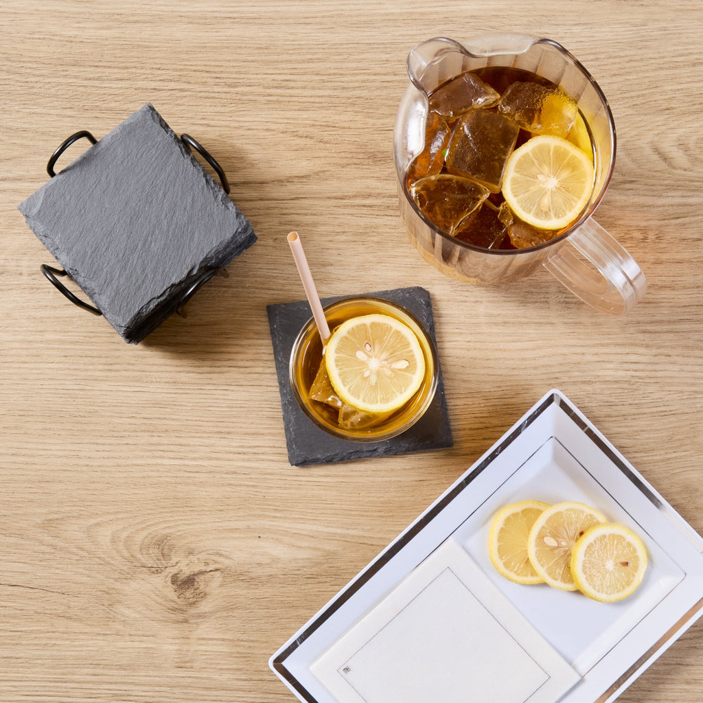 Stone Tek Square Black Slate Coaster - with Iron Holder - 4" x 4" - 1 count box