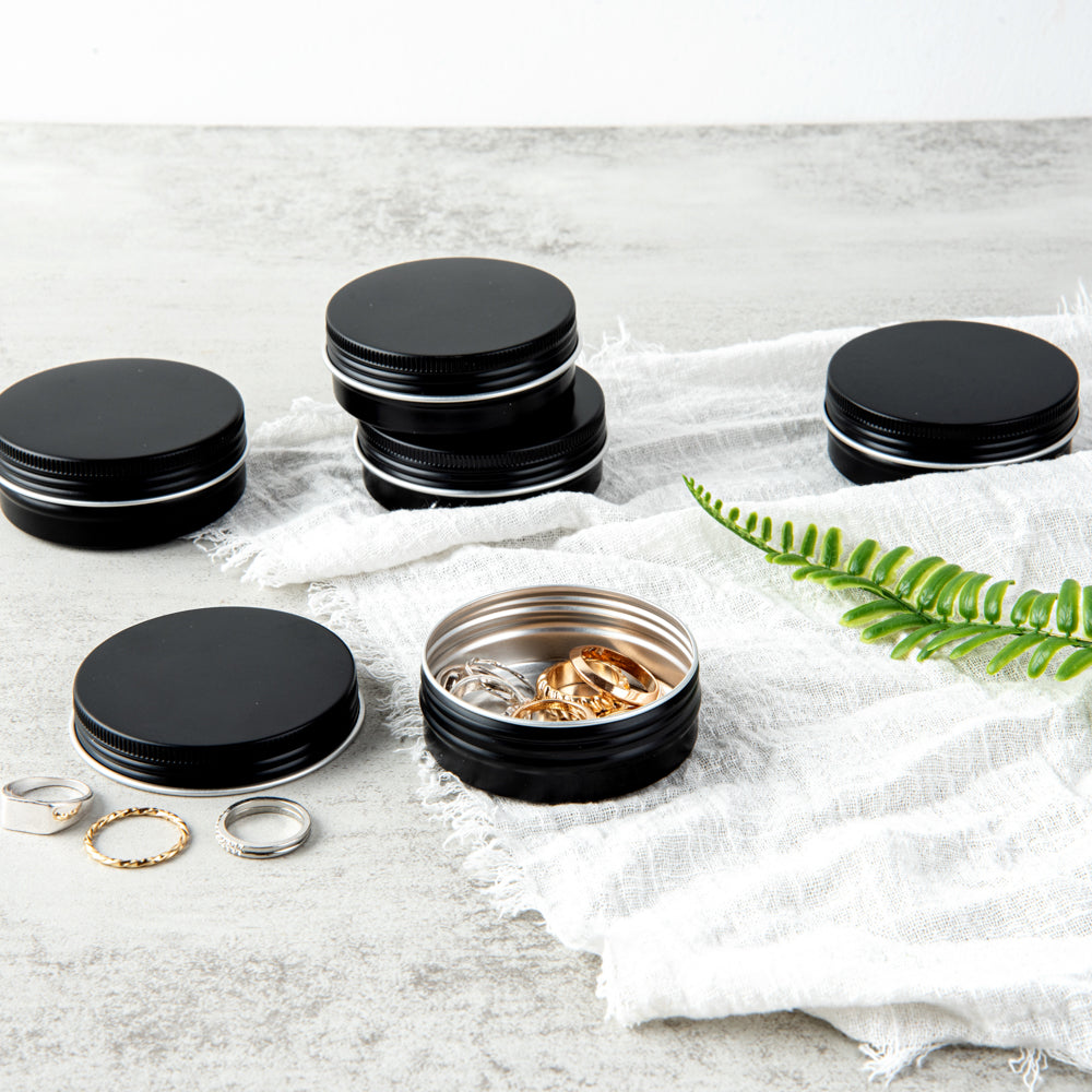 Chef 101 2 oz Round Black Tin Container - with Screw Lid - 100 count box