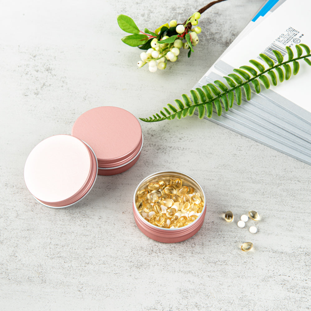 Chef 101 2 oz Round Rose Gold Tin Container - with Screw Lid - 100 count box