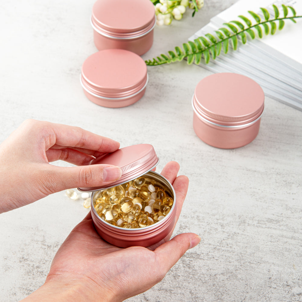 Chef 101 2 oz Round Rose Gold Tin Container - with Screw Lid - 100 count box