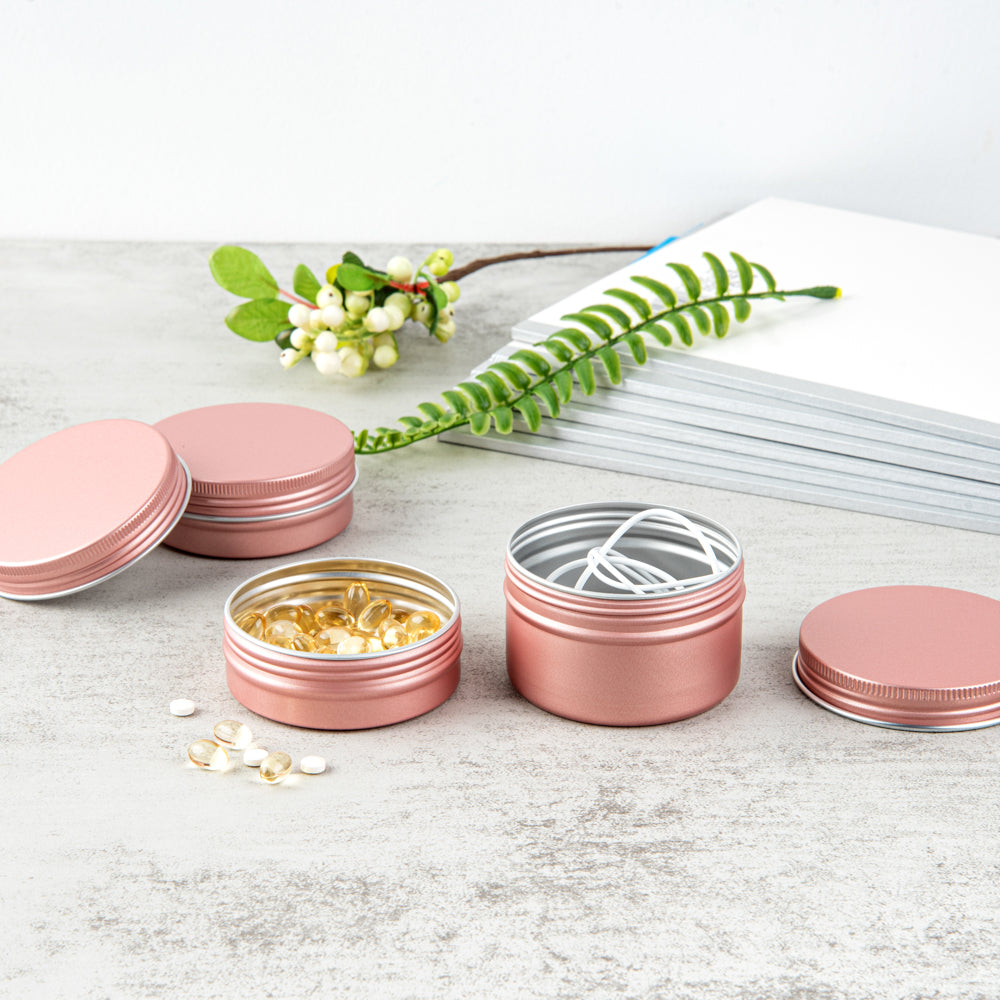 Chef 101 2 oz Round Rose Gold Tin Container - with Screw Lid - 100 count box