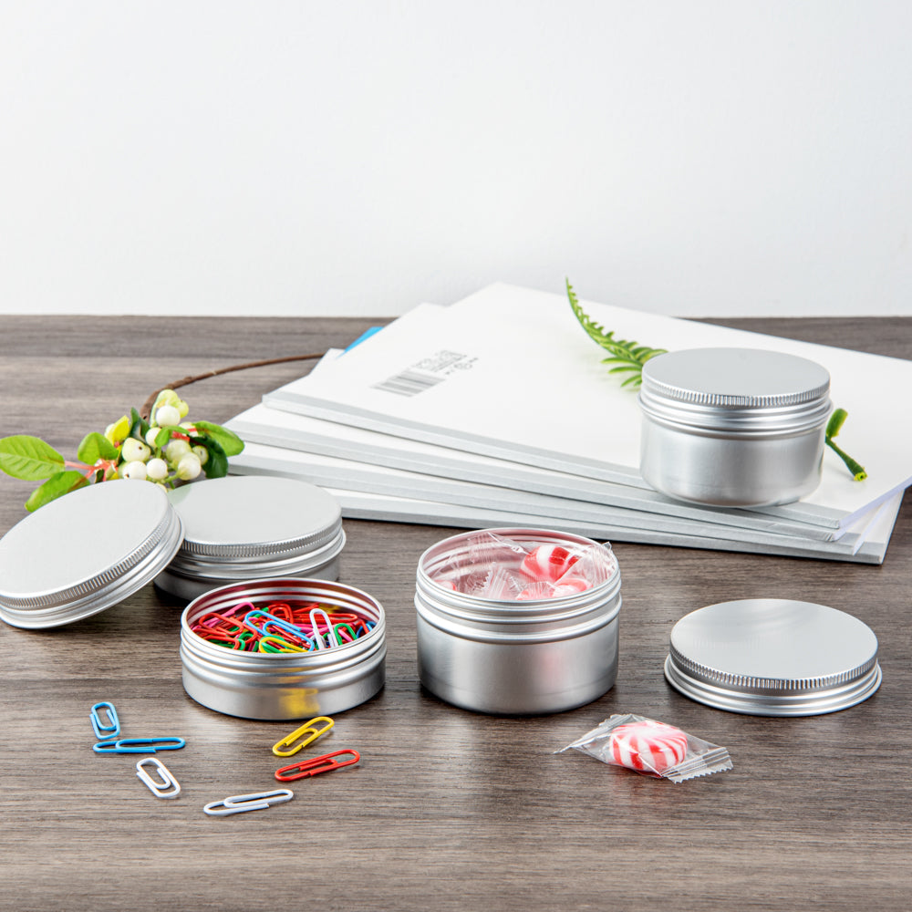 Chef 101 2 oz Round Silver Tin Container - with Screw Lid - 10 count box