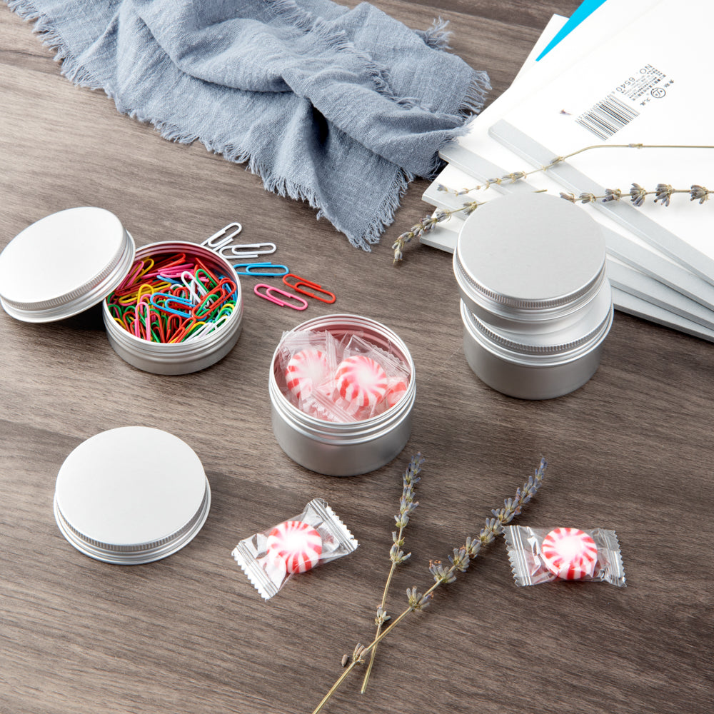 Chef 101 4 oz Round Silver Tin Container - with Screw Lid - 10 count box