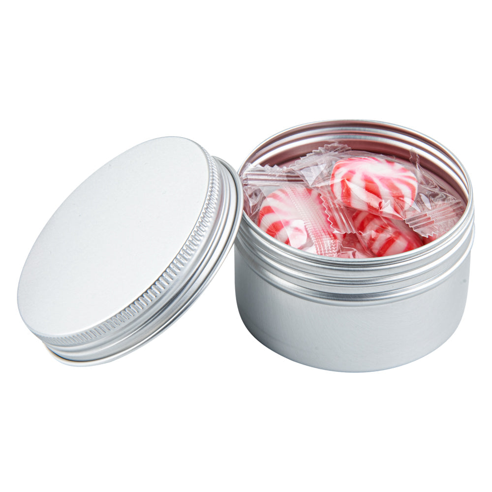 Chef 101 4 oz Round Silver Tin Container - with Screw Lid - 100 count box