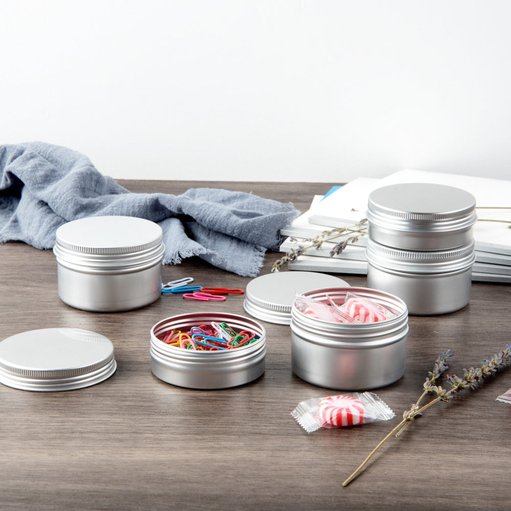 Chef 101 4 oz Round Silver Tin Container - with Screw Lid - 100 count box