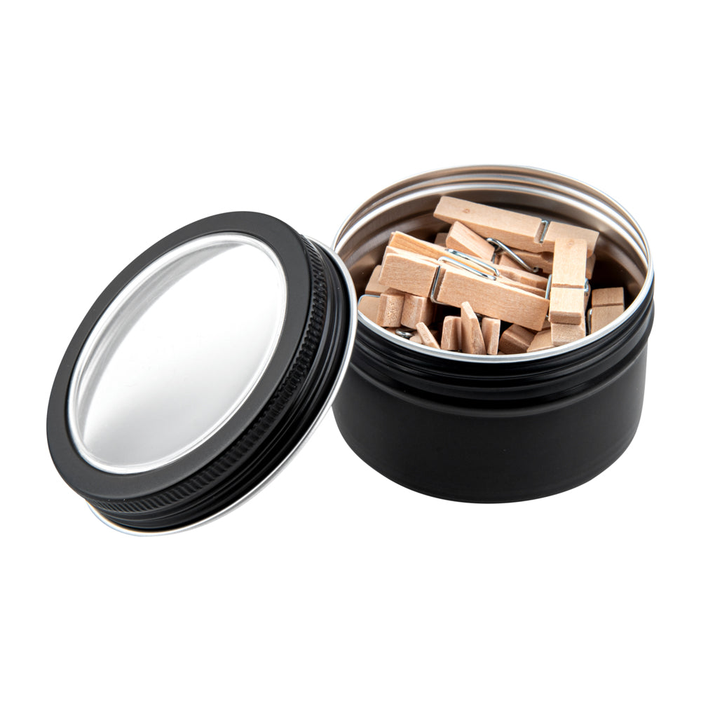 Chef 101 4 oz Round Black Tin Container - with Window Lid - 10 count box
