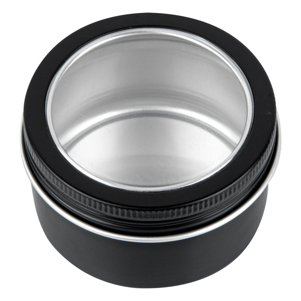 Chef 101 4 oz Round Black Tin Container - with Window Lid - 100 count box