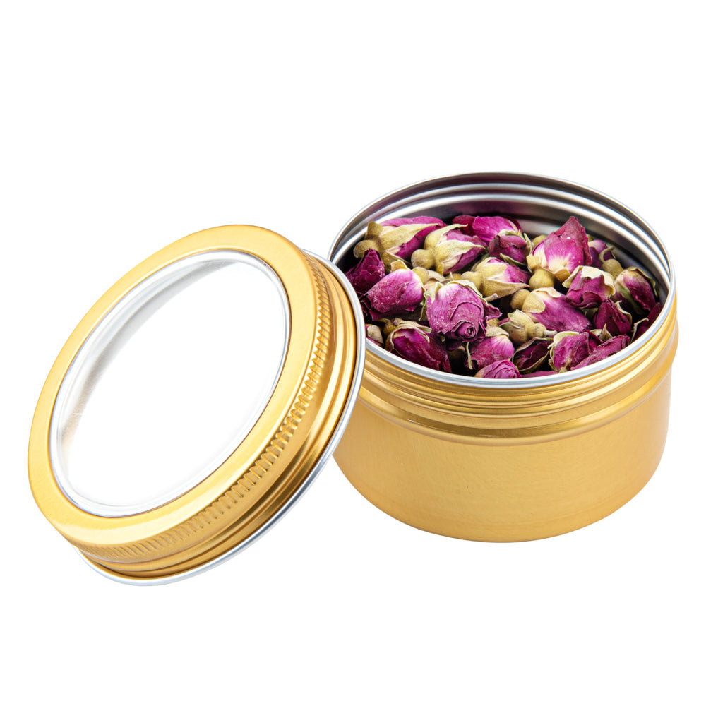 Chef 101 4 oz Round Gold Tin Container - with Window Lid - 10 count box