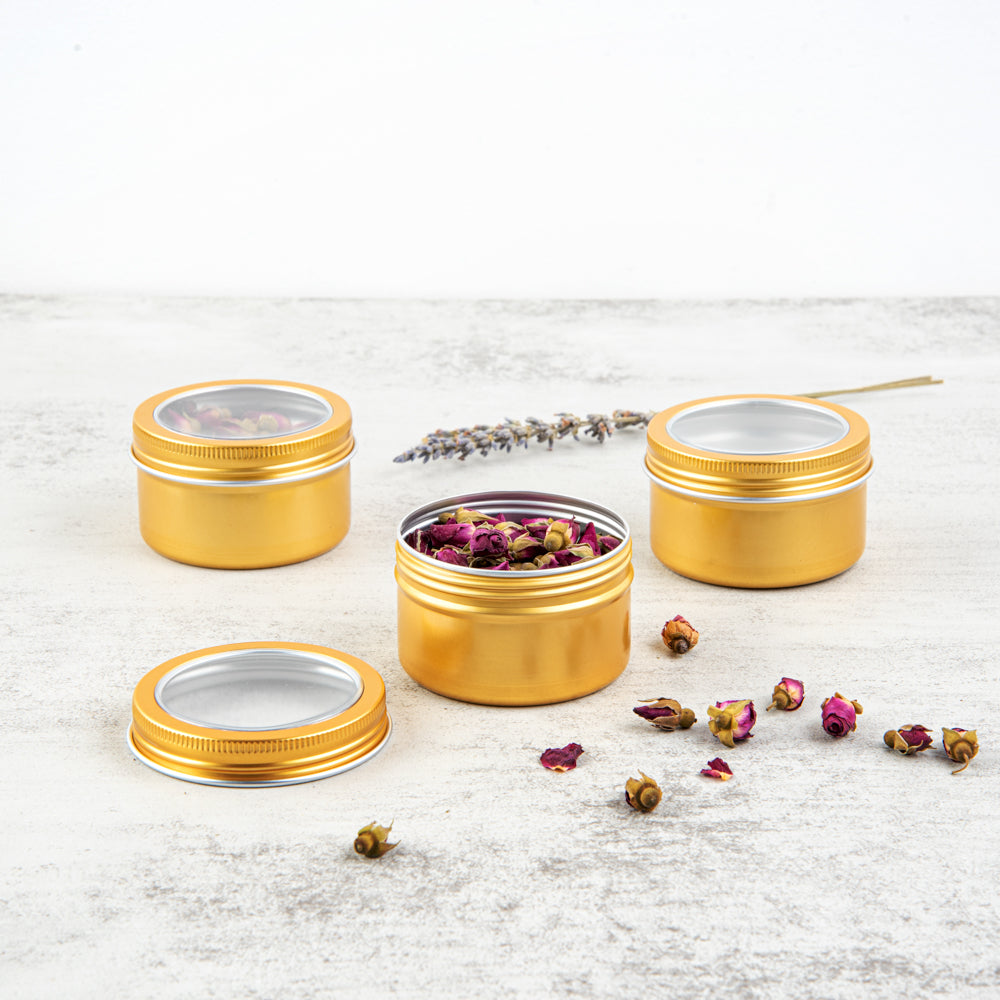Chef 101 4 oz Round Gold Tin Container - with Window Lid - 10 count box