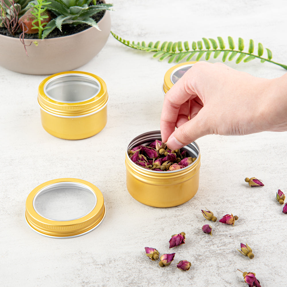 Chef 101 4 oz Round Gold Tin Container - with Window Lid - 10 count box