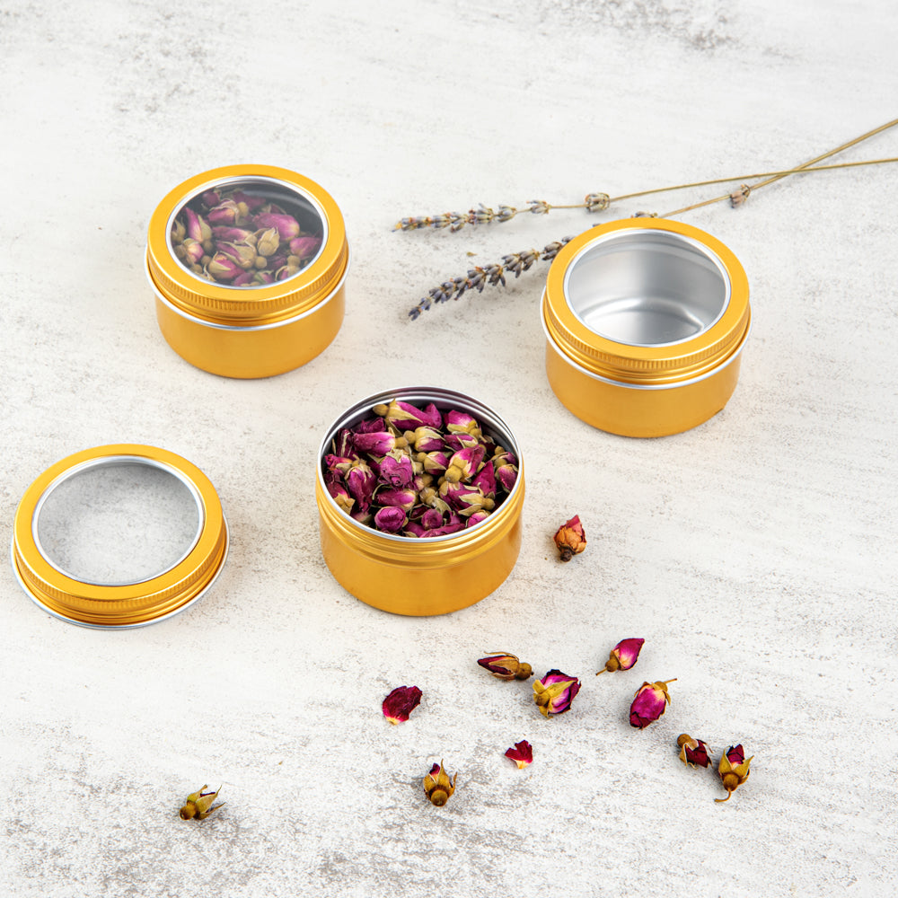 Chef 101 4 oz Round Gold Tin Container - with Window Lid - 100 count box
