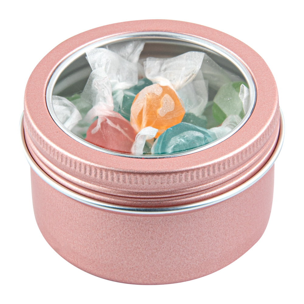 Chef 101 4 oz Round Rose Gold Tin Container - with Window Lid - 100 count box
