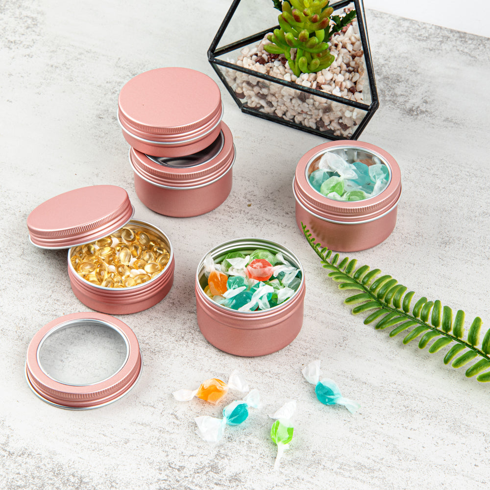 Chef 101 4 oz Round Rose Gold Tin Container - with Window Lid - 100 count box