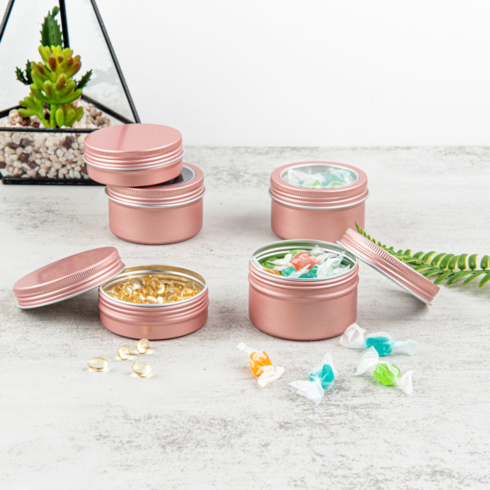 Chef 101 4 oz Round Rose Gold Tin Container - with Window Lid - 100 count box