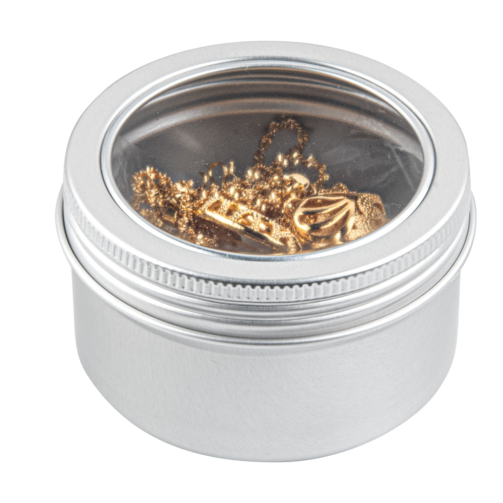 Chef 101 4 oz Round Silver Tin Container - with Window Lid - 10 count box