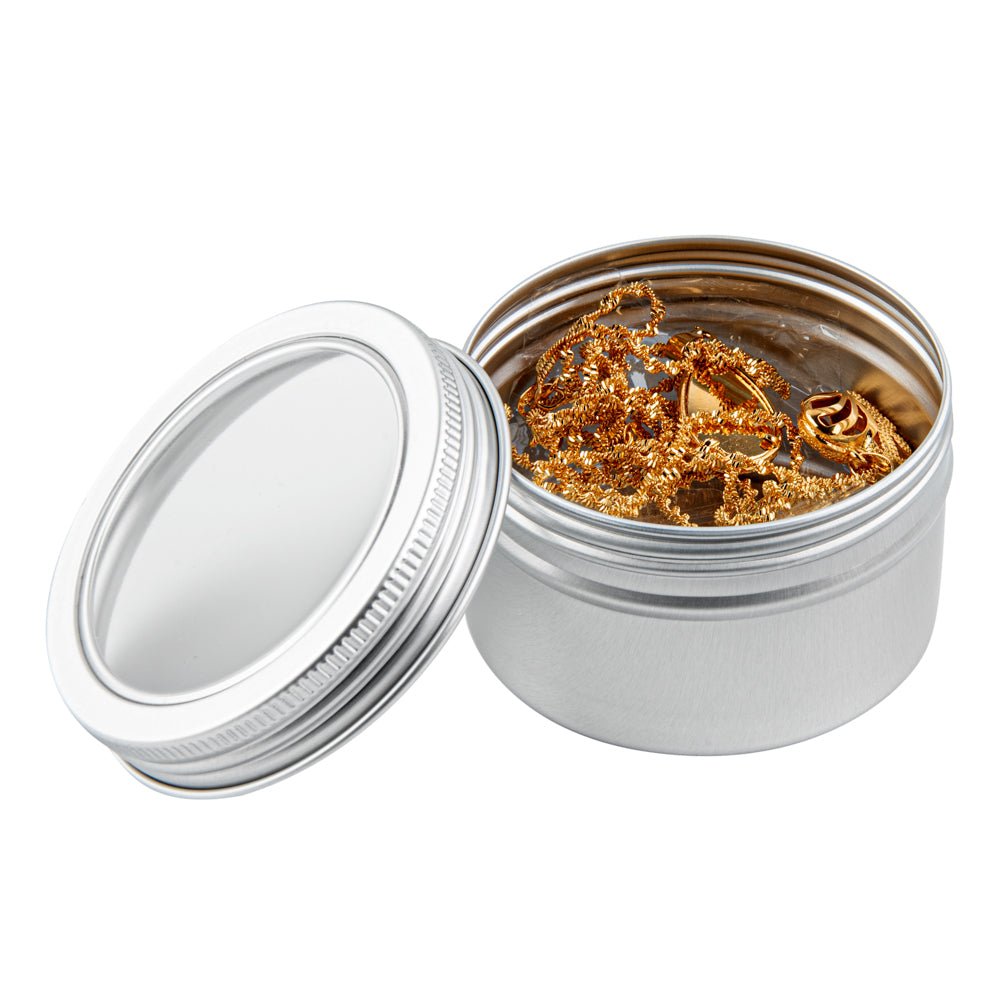 Chef 101 4 oz Round Silver Tin Container - with Window Lid - 10 count box