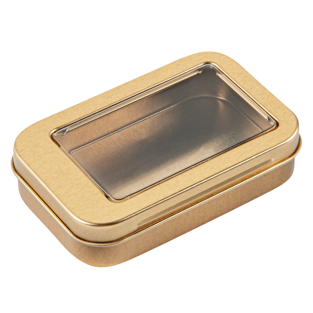 Chef 101 4 oz Rectangle Gold Tin Container - with Window Lid - 10 count box