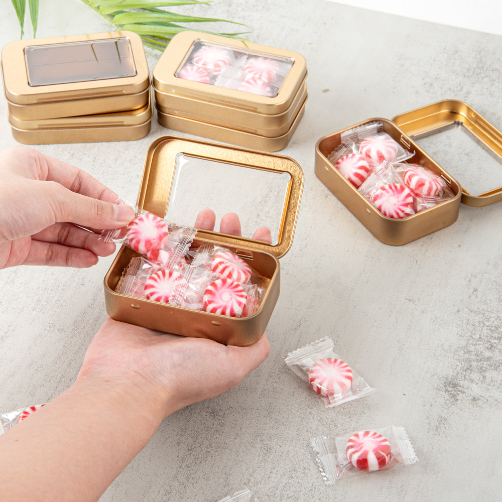 Chef 101 4 oz Rectangle Gold Tin Container - with Window Lid - 10 count box