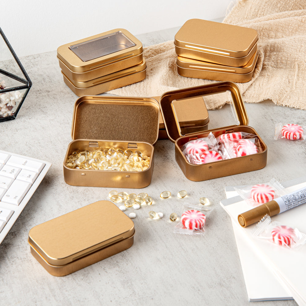 Chef 101 4 oz Rectangle Gold Tin Container - with Window Lid - 100 count box