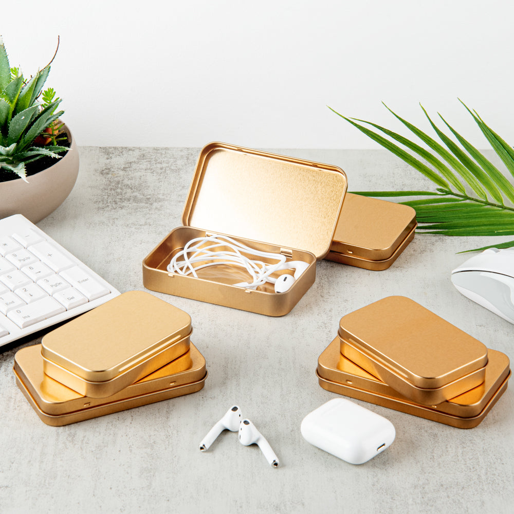 Chef 101 6 oz Rectangle Gold Tin Container - with Hinged Lid - 10 count box