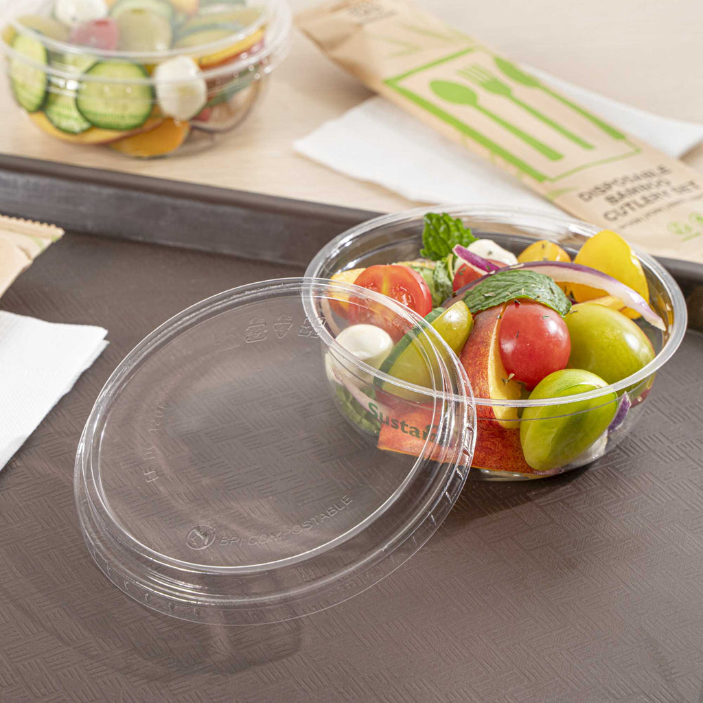 Basic Nature Round Clear PLA Plastic Flat Lid - Fits To Go Deli Container, Compostable - 500 count box