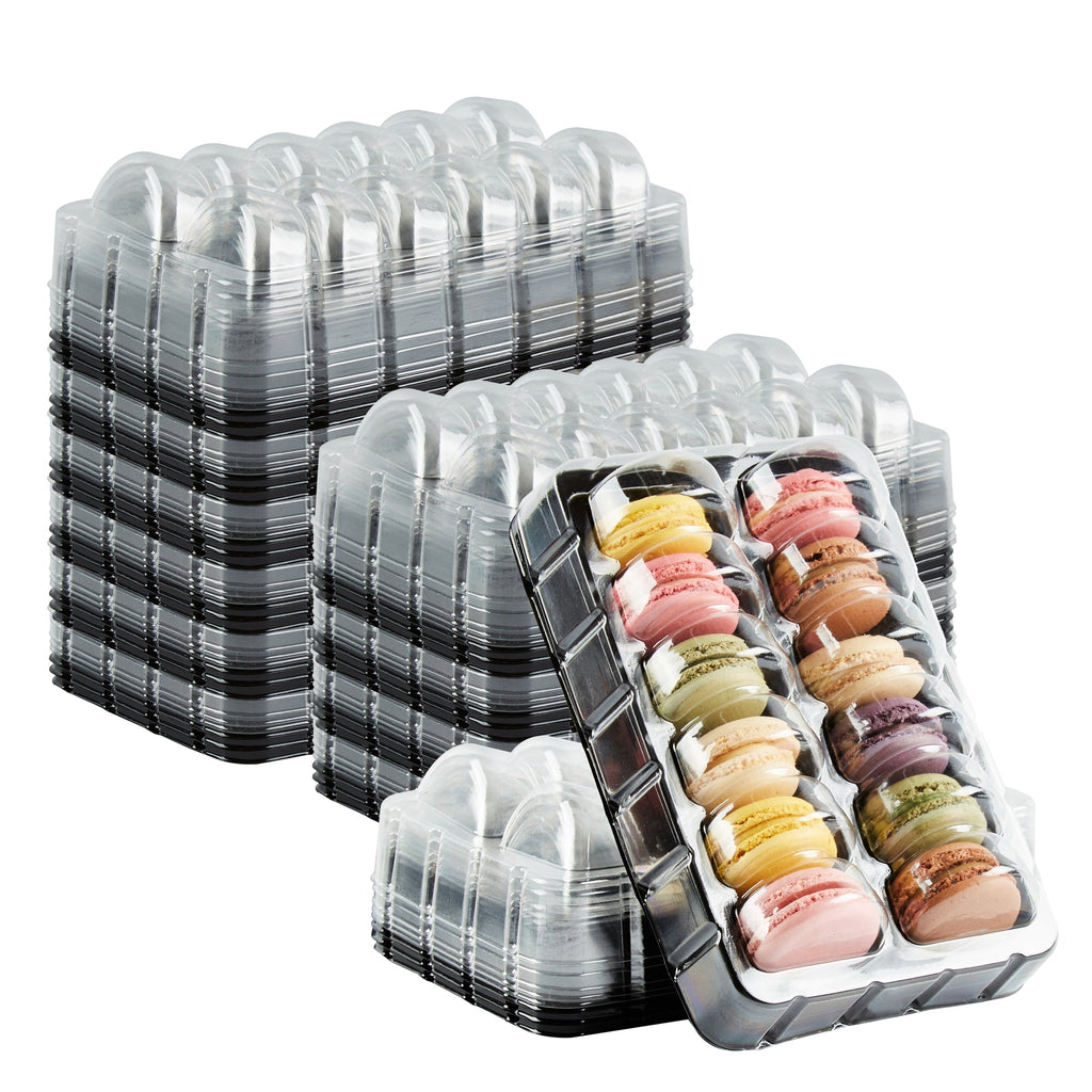 Shock Safe Rectangle Black Plastic Macaron Take Out Box - Fits 12 Macarons - 11" x 4 1/2" x 2" - 100 count box