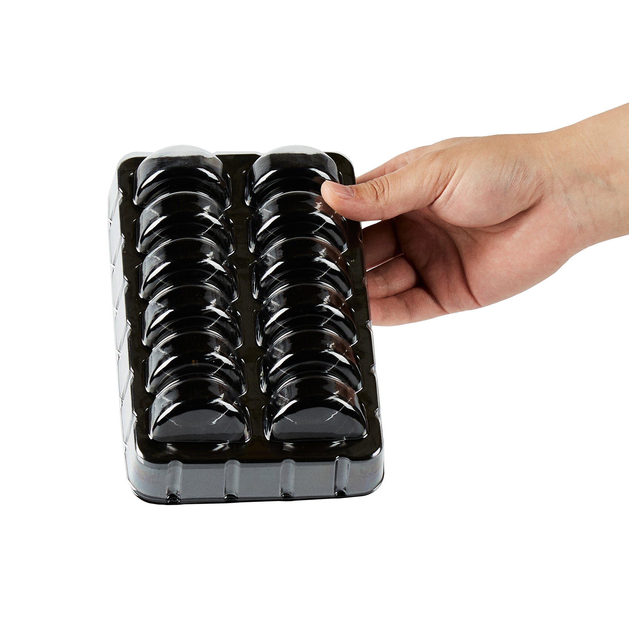 Shock Safe Rectangle Black Plastic Macaron Take Out Box - Fits 12 Macarons - 11" x 4 1/2" x 2" - 100 count box
