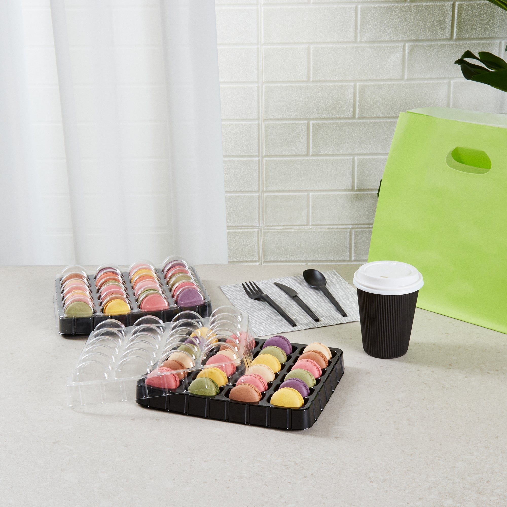 Shock Safe Rectangle Black Plastic Macaron Take Out Box - Fits 24 Macarons - 11" x 9" x 2" - 100 count box