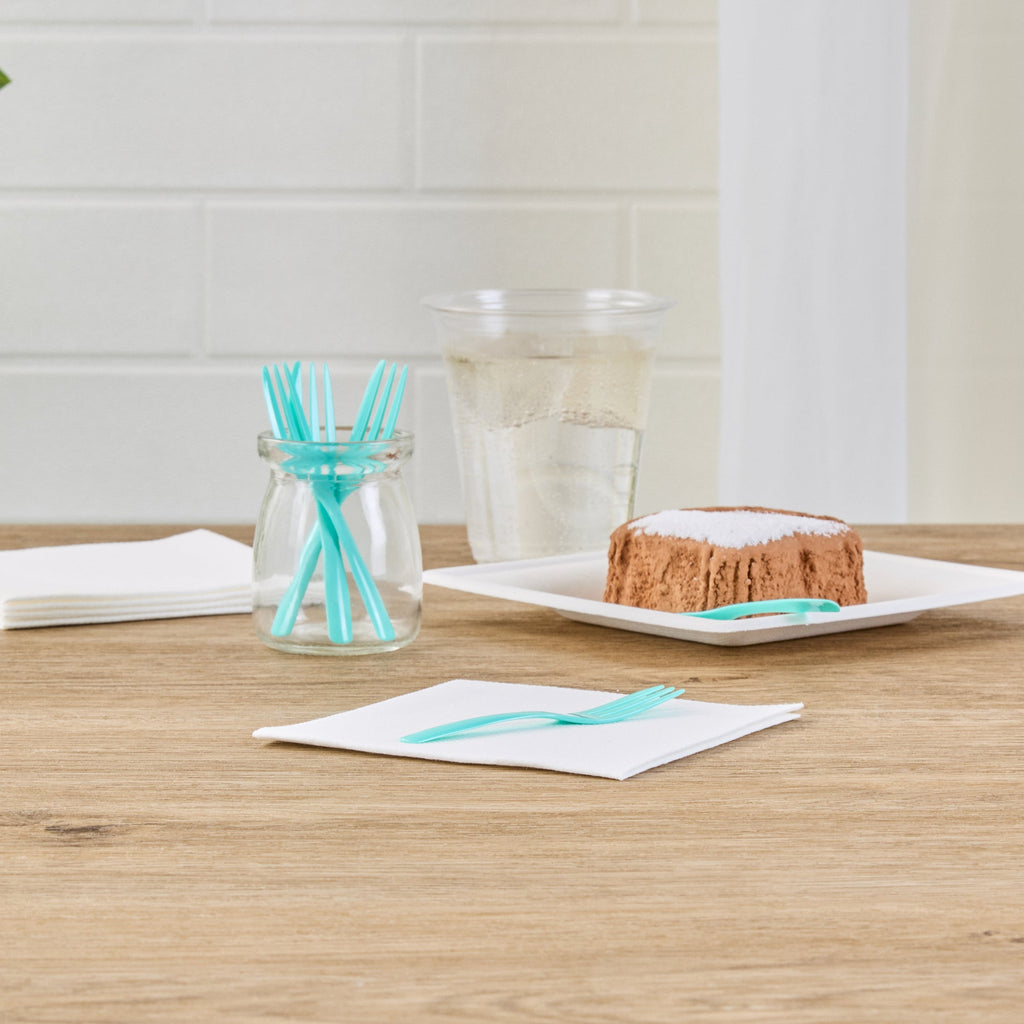 Coppetta Teal Plastic Cake Fork with Knife Edge - 4" x 3/4" - 500 count box