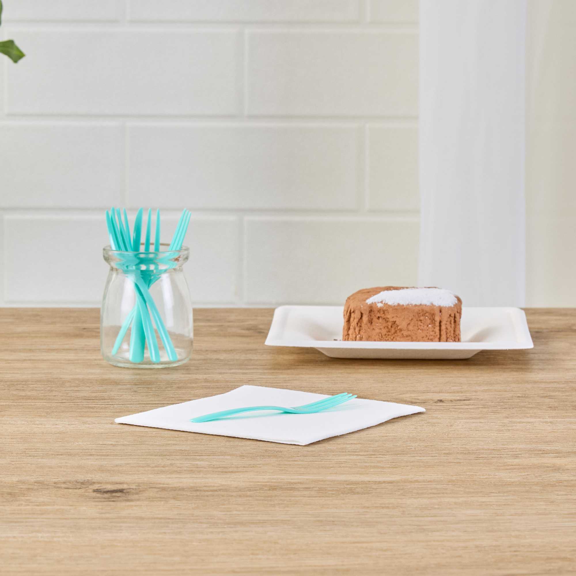 Coppetta Teal Plastic Cake Fork with Knife Edge - 4" x 3/4" - 100 count box