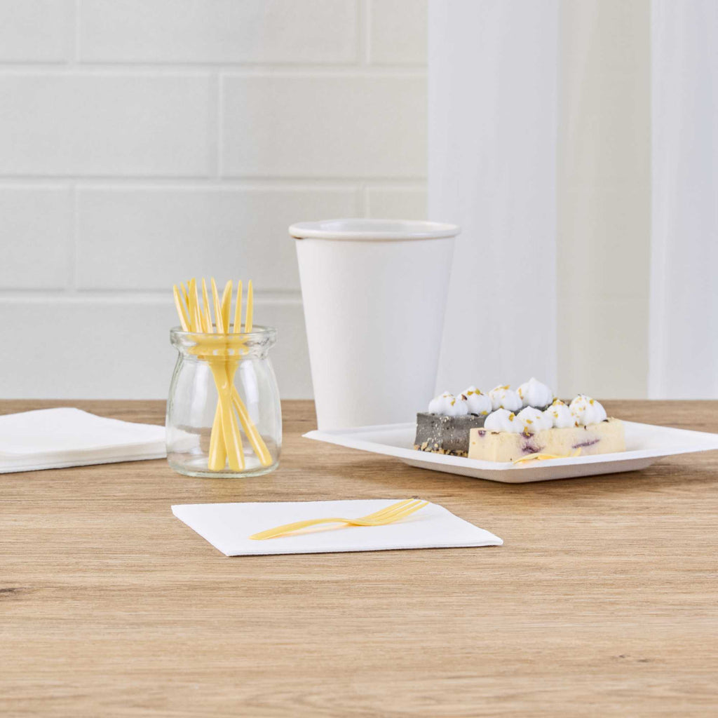 Coppetta Baby Yellow Plastic Cake Fork with Knife Edge - 4" x 3/4" - 100 count box