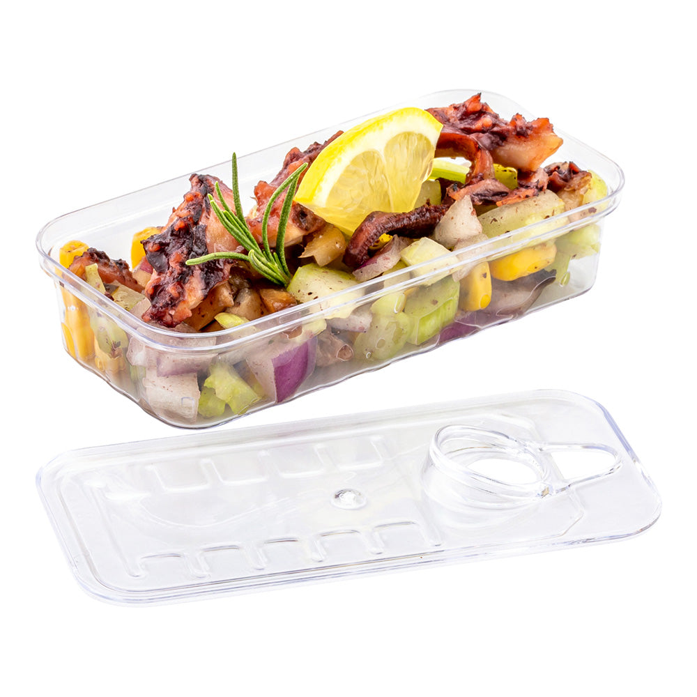 Mini Serve 2 oz Rectangle Clear Plastic Tin Can - with Lid - 4" x 2" x 1" - 100 count box