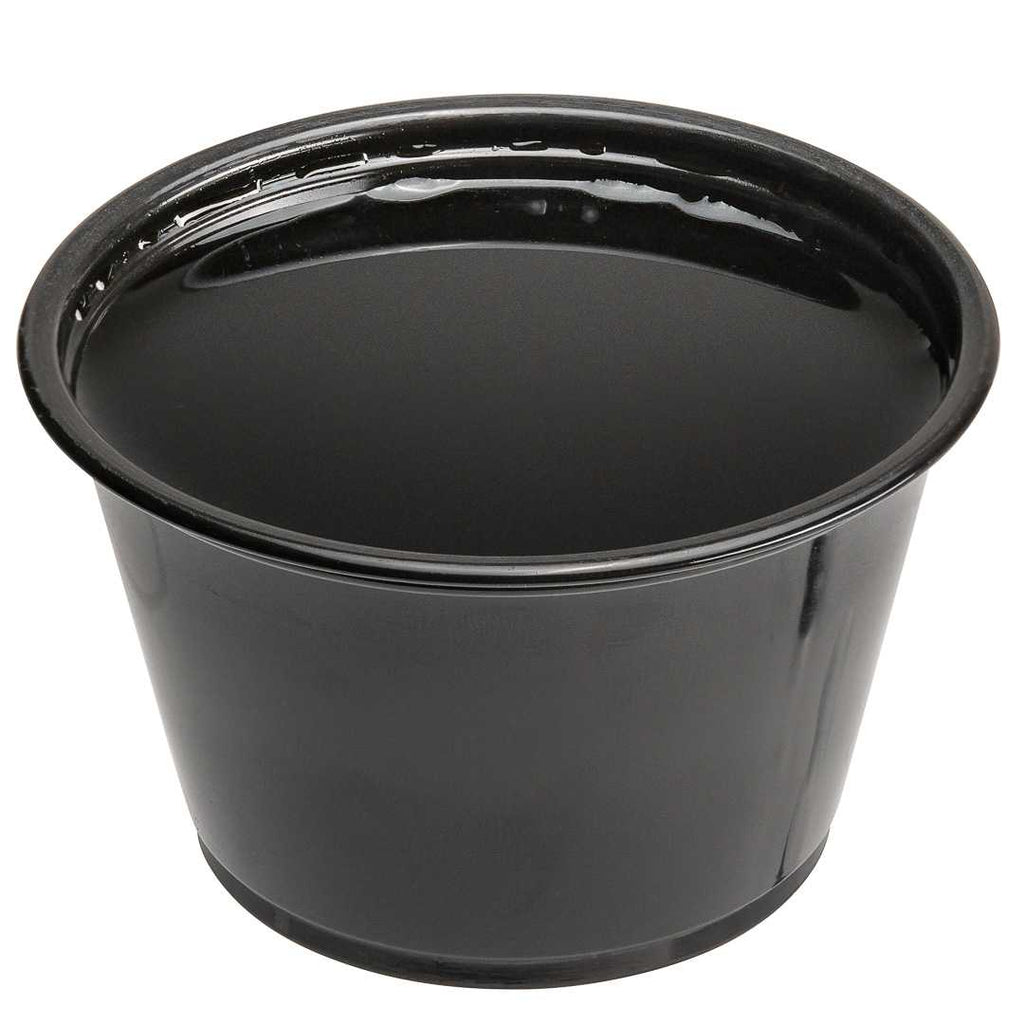 Chef 101 4 oz Round Black Plastic Portion Cup - 3" x 3" x 1 3/4" - 2000 count box