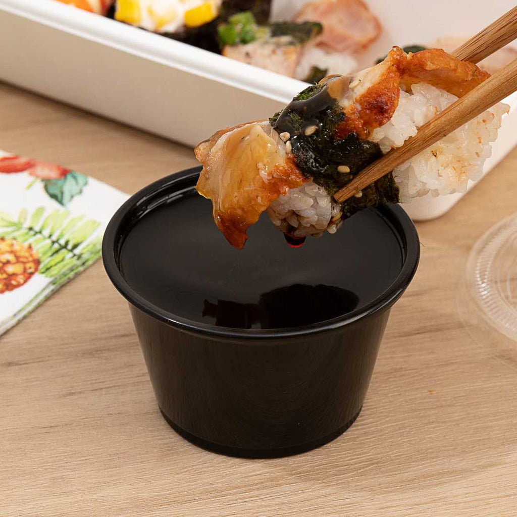 Chef 101 4 oz Round Black Plastic Portion Cup - 3" x 3" x 1 3/4" - 2000 count box