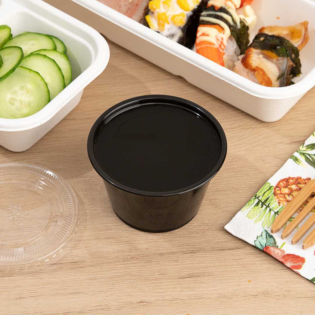 Chef 101 4 oz Round Black Plastic Portion Cup - 3" x 3" x 1 3/4" - 2000 count box