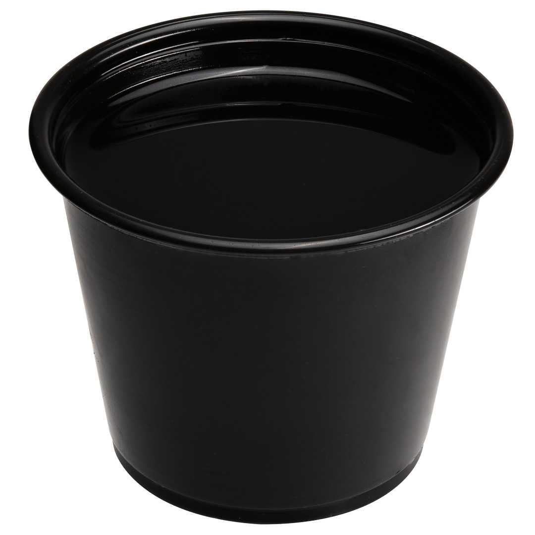 Chef 101 5.5 oz Round Black Plastic Portion Cup - 3" x 3" x 2 1/4" - 2000 count box