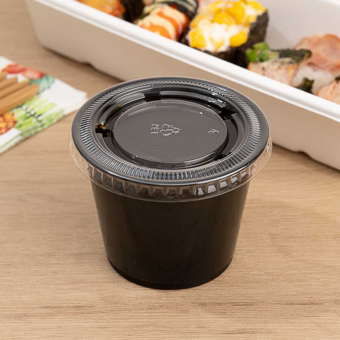 Chef 101 5.5 oz Round Black Plastic Portion Cup - 3" x 3" x 2 1/4" - 2000 count box
